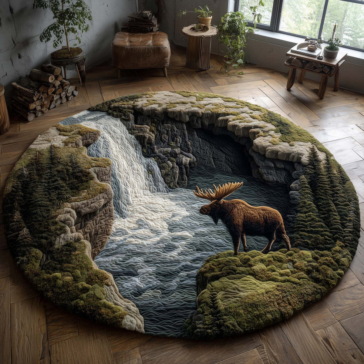 Waterfall Cliff Moose Round Mat Rug - washable non-slip printed rug