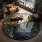 Waterfall Cliff Moose Round Mat Rug - Nature Design | Serene Home Decor
