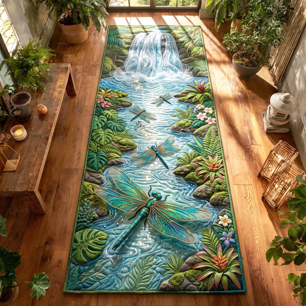 Waterfall Dragonfly Runner Rug - Cute Animal Design | Charming Runner Rug - washable non-slip printed rug