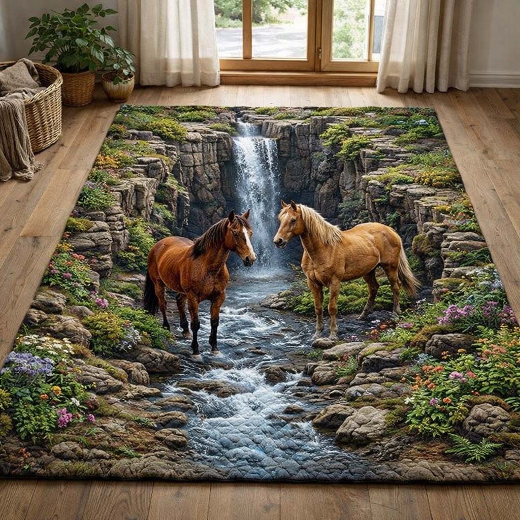 Waterfall Haven Horses area rug in a living room