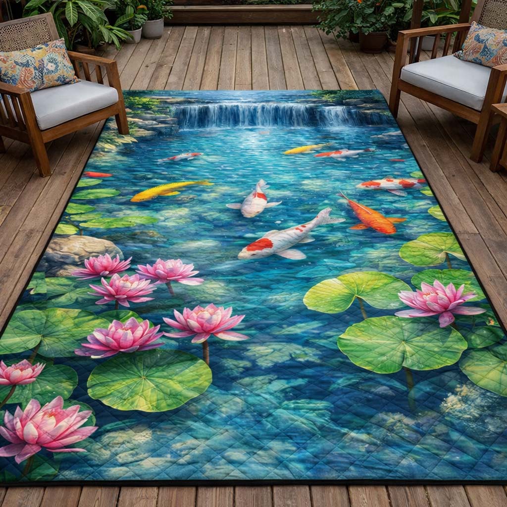 Waterfall Koi Pond area rug in a living room