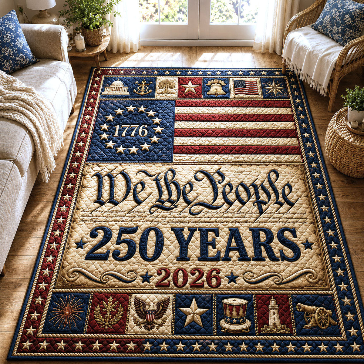 We The People area rug in a living room