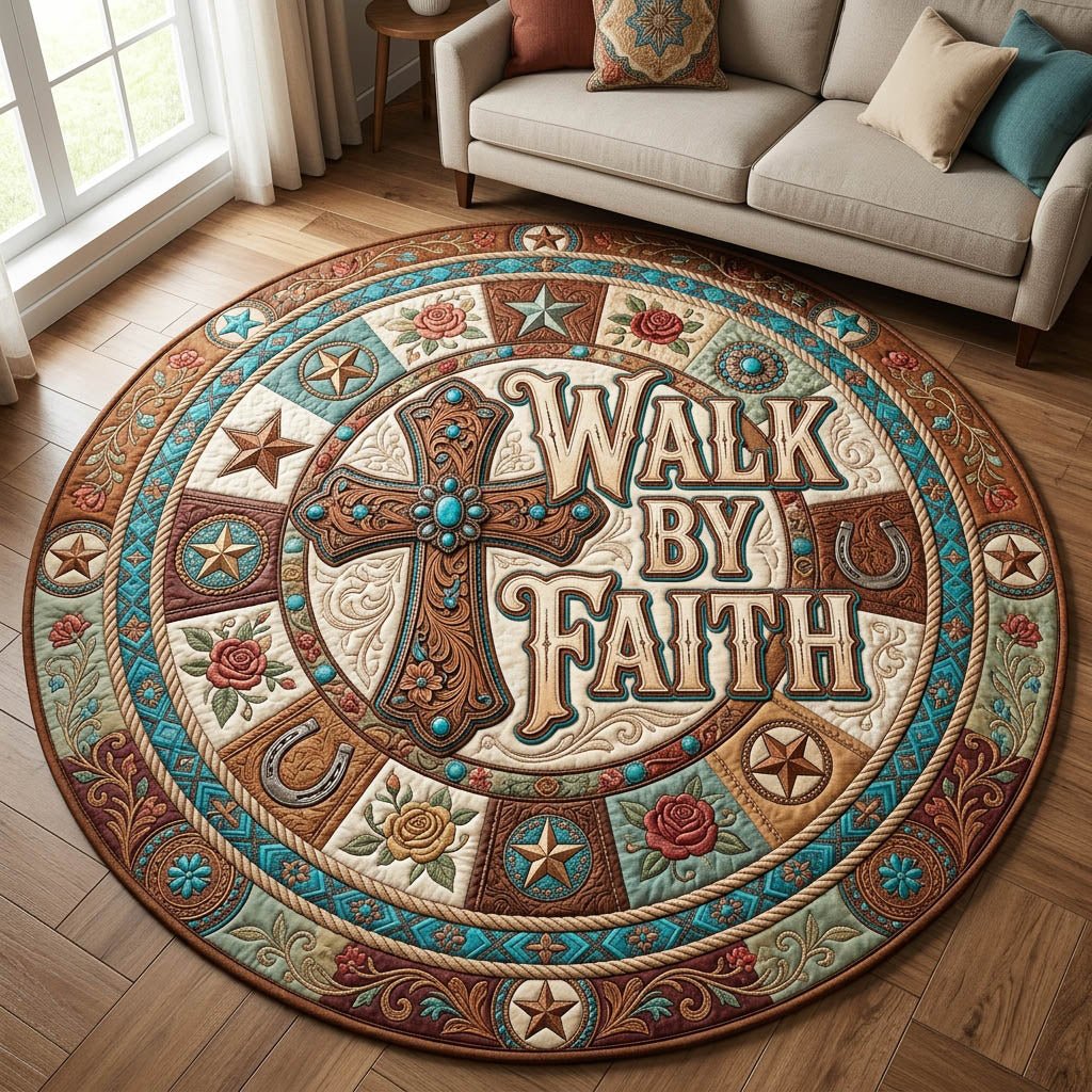 Western Christian Round Mat Rug - washable non-slip printed rug