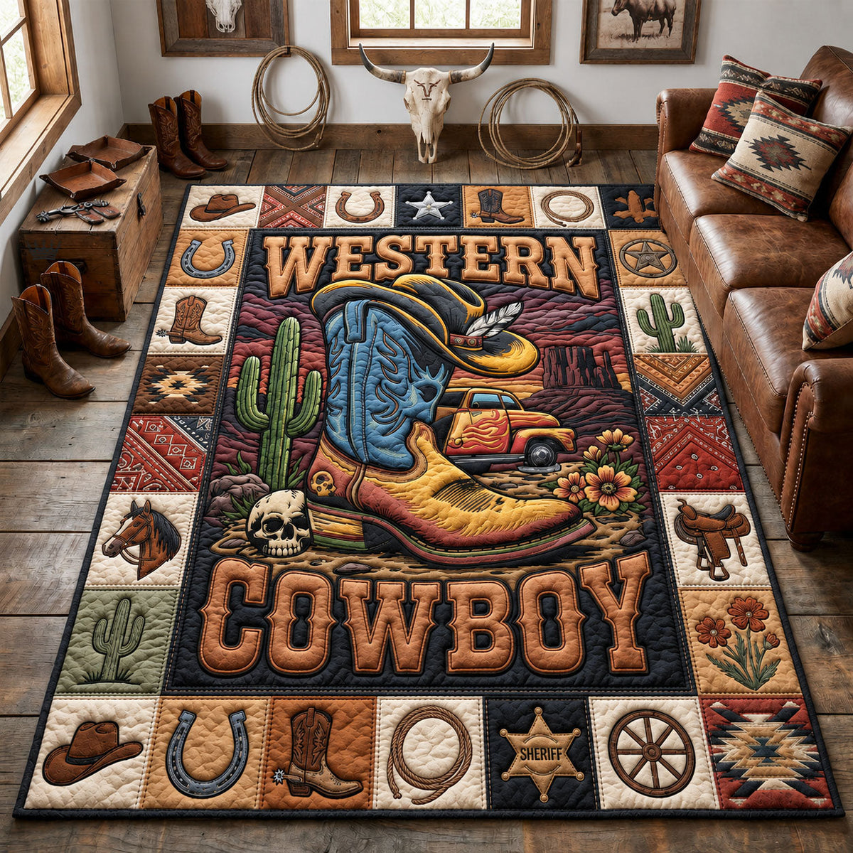 Western Cowboy area rug in a living room