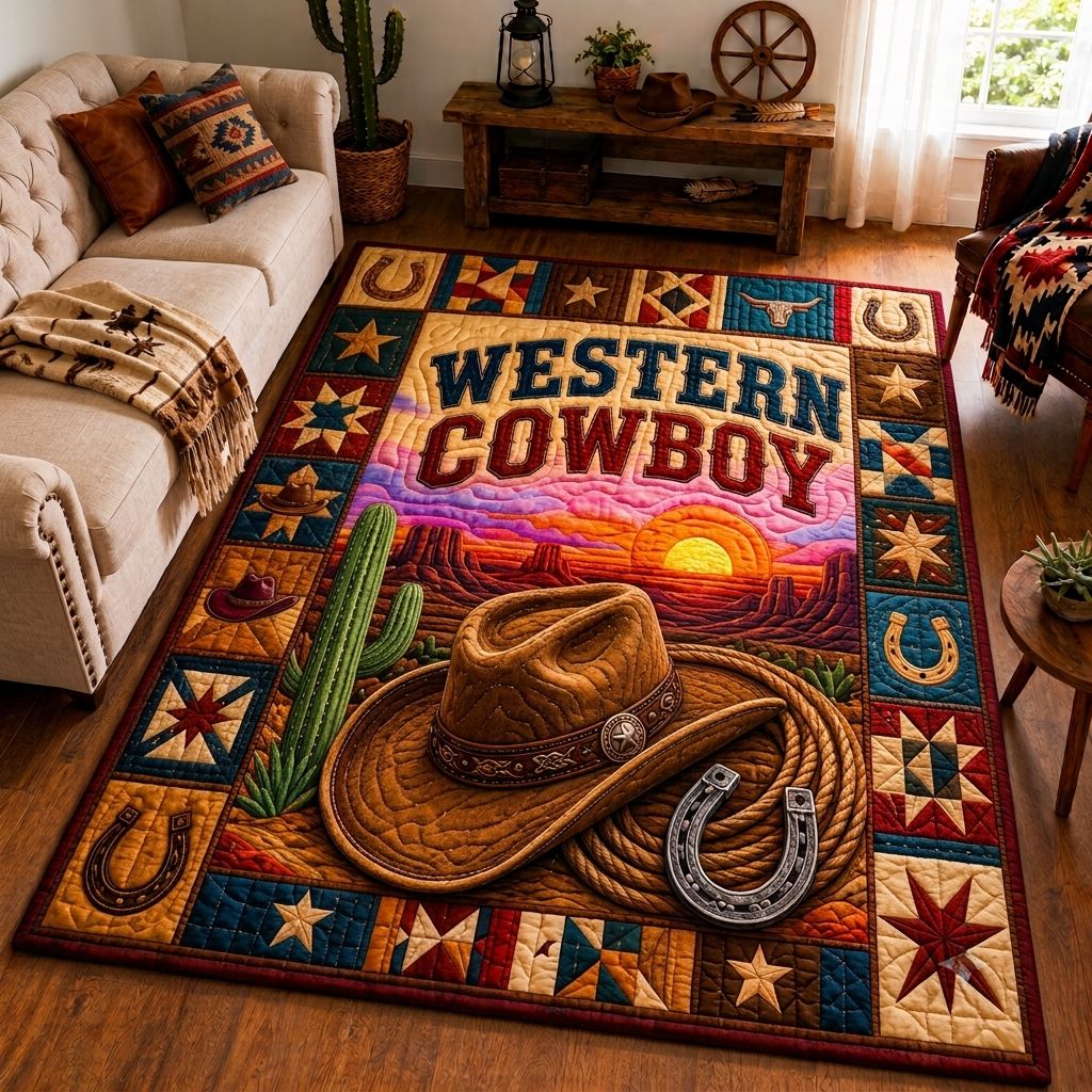 Western Cowboy Trail area rug in a living room