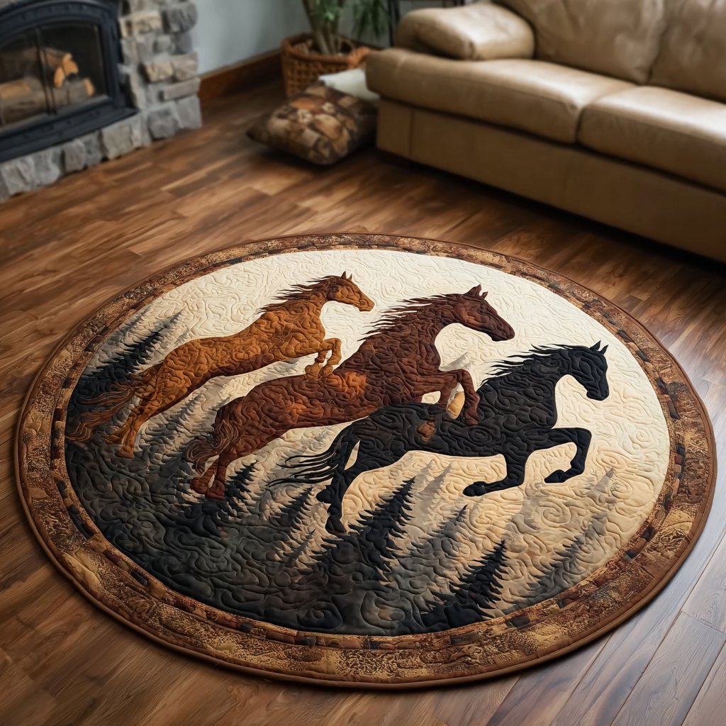 Western Horse Round Mat Rug - washable non-slip printed rug