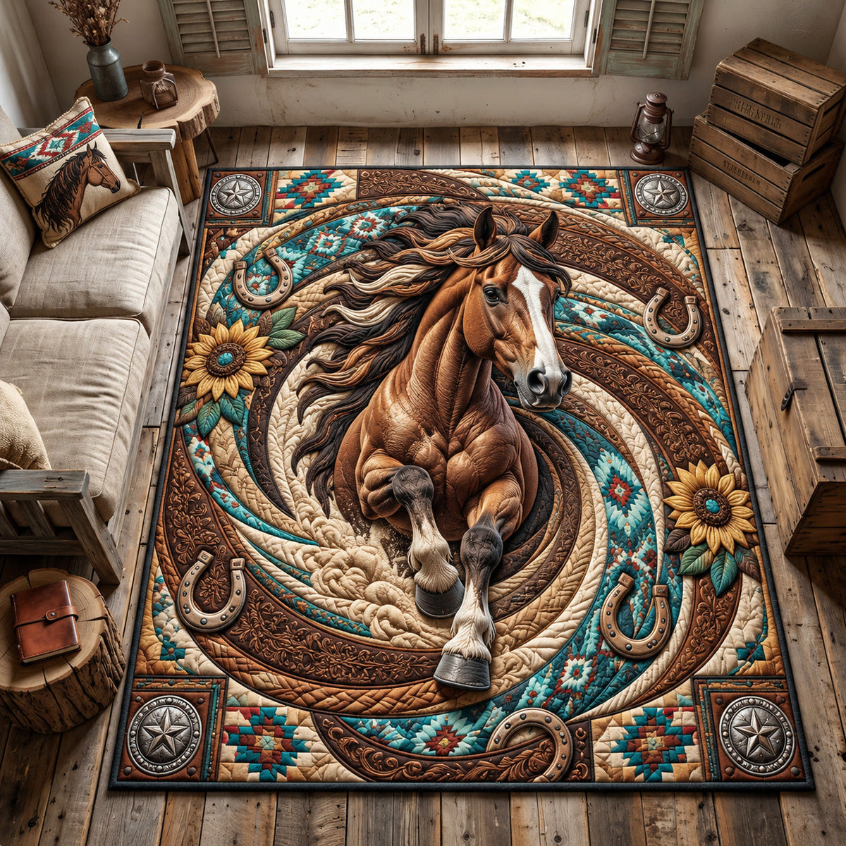 Western Horse Spiral area rug in a living room