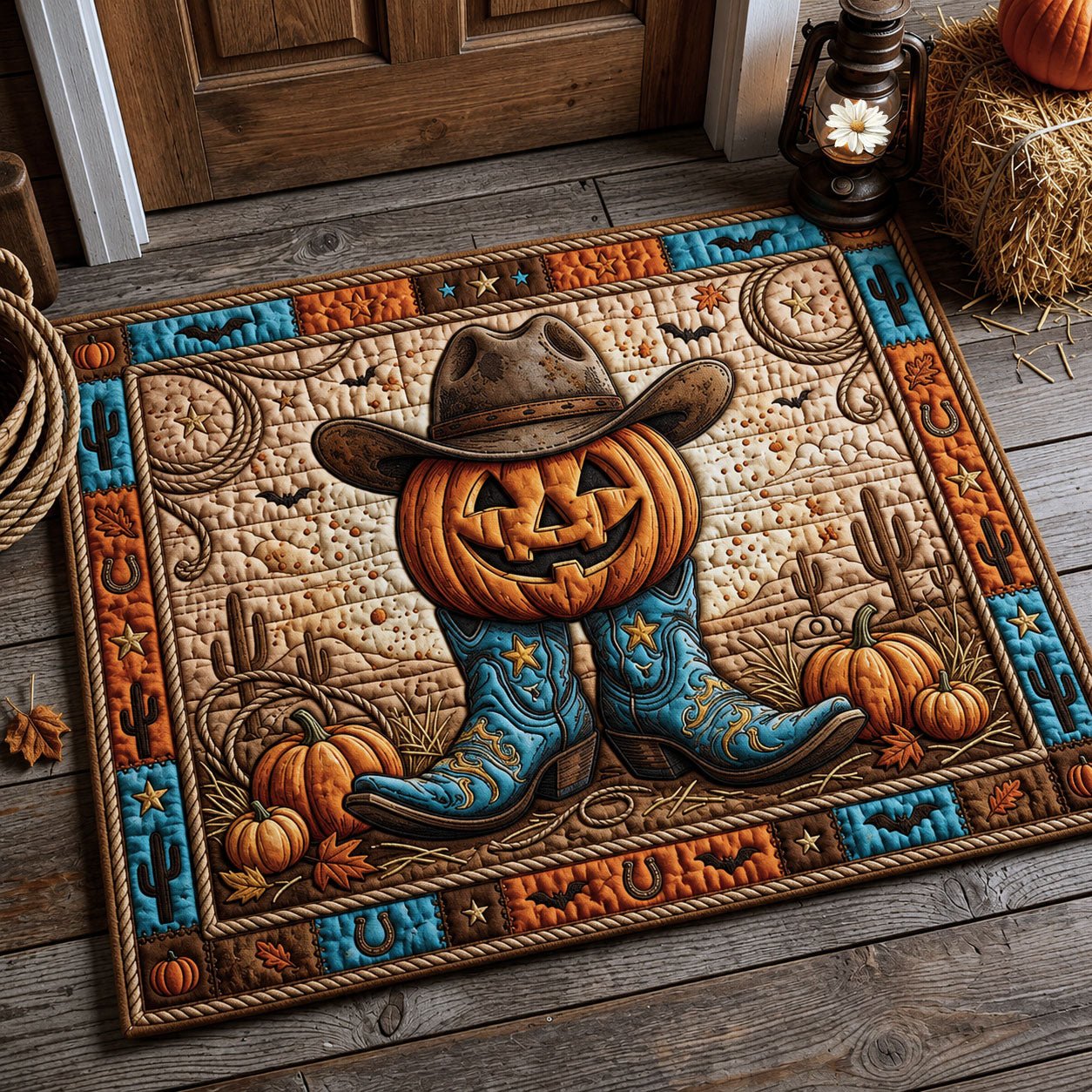 Western Pumpkin Boots Doormat - Seasonal Holiday Design | Printed Welcome Doormat