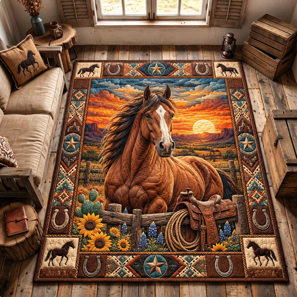 Western Sunset Horse area rug in a living room