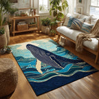 Whale Serenade area rug in a living room