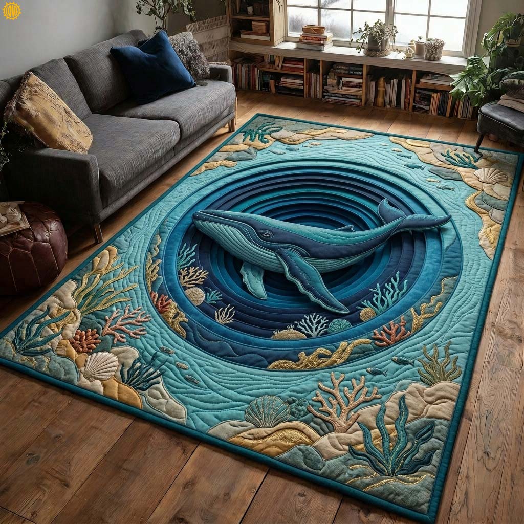 Whale Vortex area rug in a living room