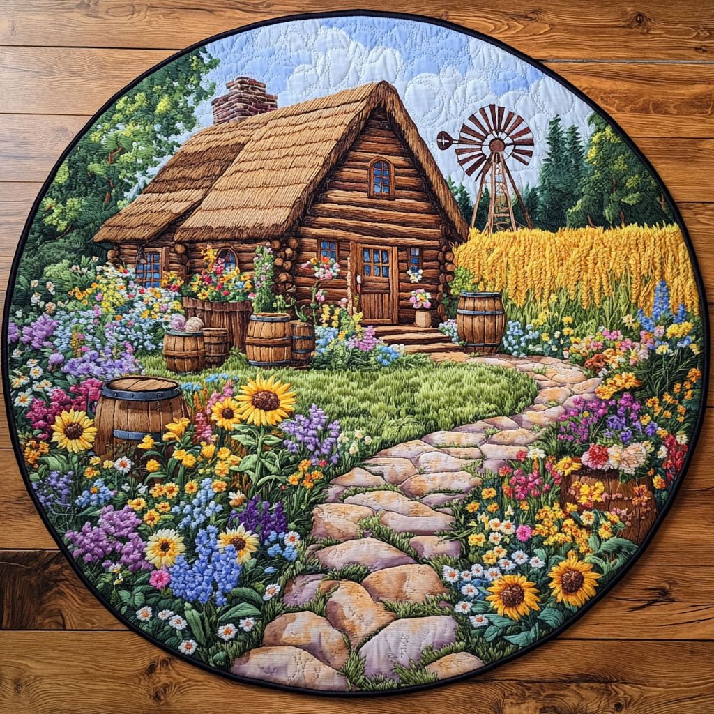 Wheatfield Cabin View Round Mat Rug - washable non-slip printed rug