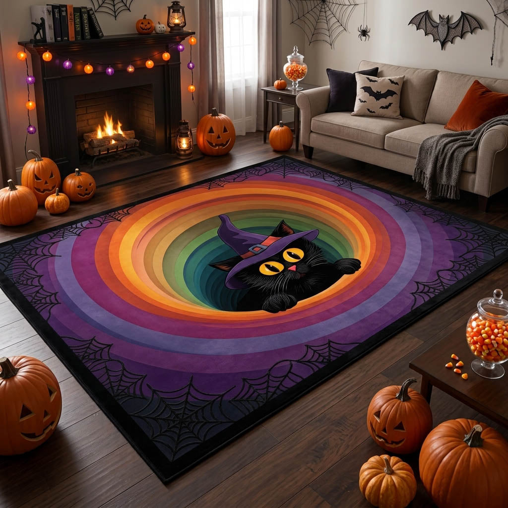 Whimsical Cat Vortex area rug in a living room