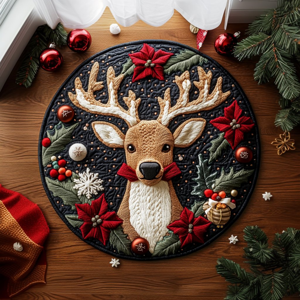 Whimsical Reindeer Christmas Round Mat Rug - washable non-slip printed rug