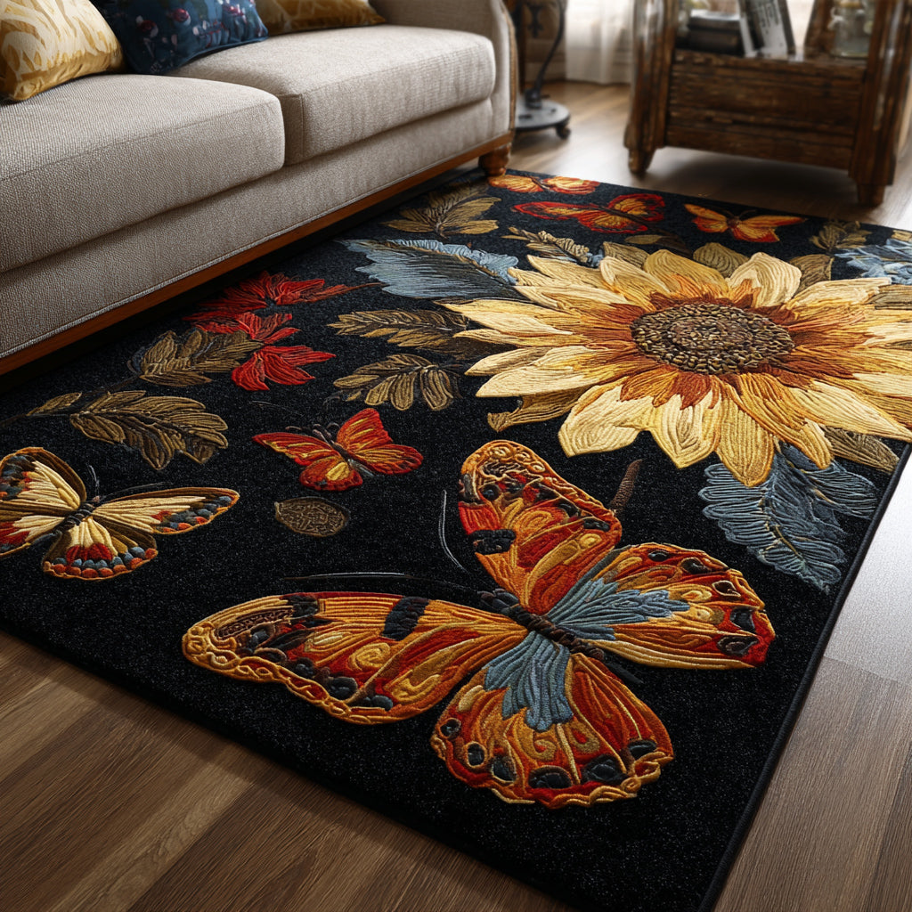 Whimsical Sunflower area rug in a living room