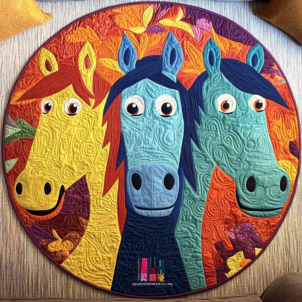 Whimsy Horses Round Mat Rug - washable non-slip printed rug