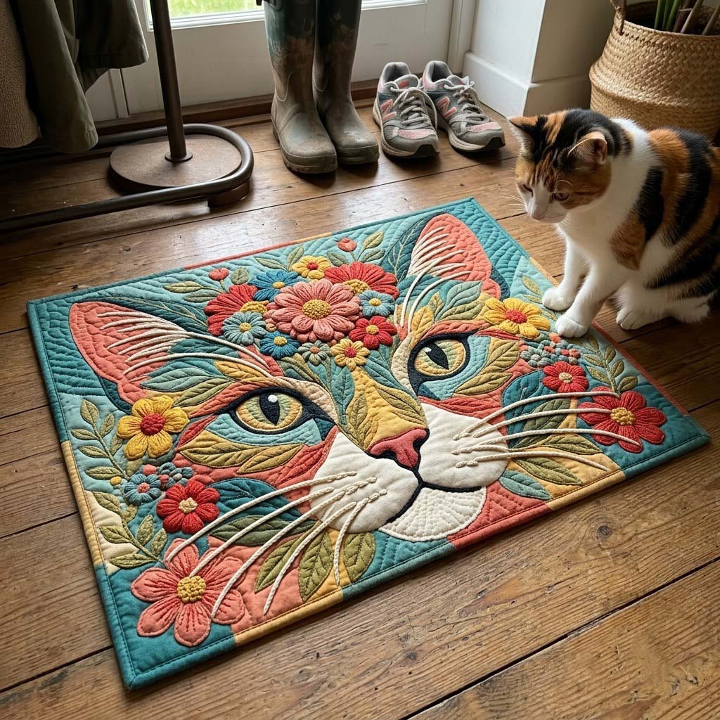 Whiskered Blooms Doormat - Nature Design | Nature Welcome Mat - washable non-slip printed rug