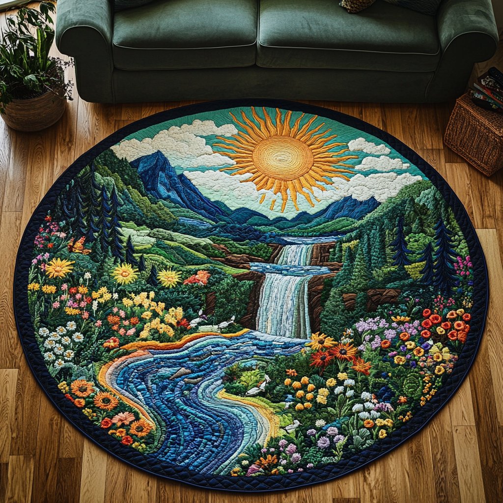 Whispering Waters Round Mat Rug - washable non-slip printed rug