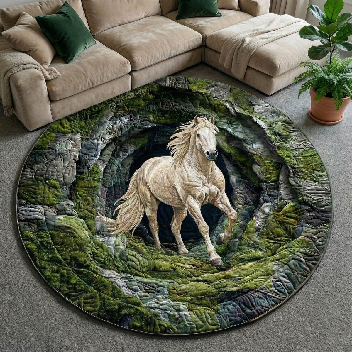 White Horse Round Mat Rug - washable non-slip printed rug