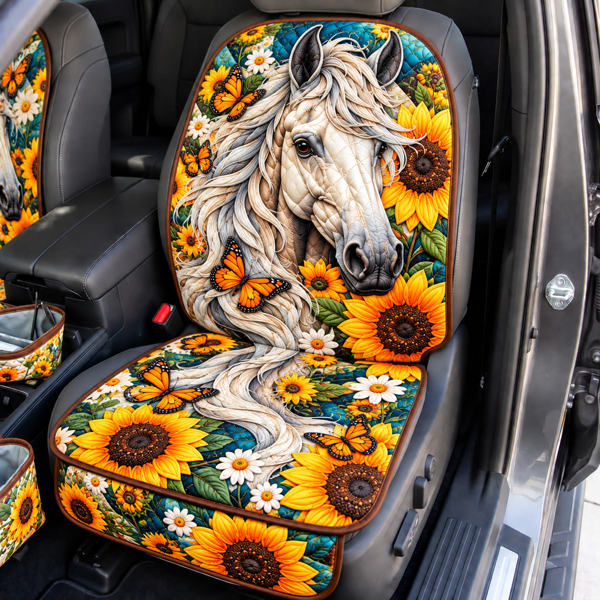 White Horse Sunflower Garden quilted car seat protector