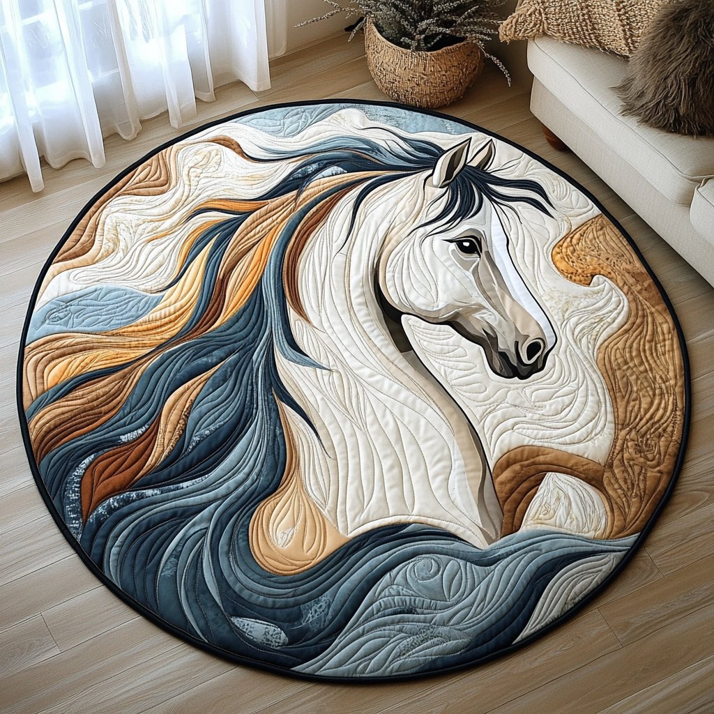 White Horse Themed Round Mat Rug - Cute Pet Design | Animal Printed Home Decor