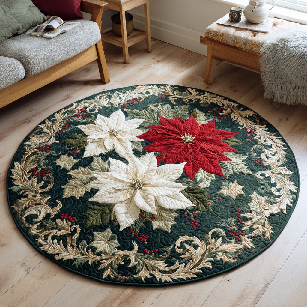 White Poinsettia Wreath Round Mat Rug - washable non-slip printed rug