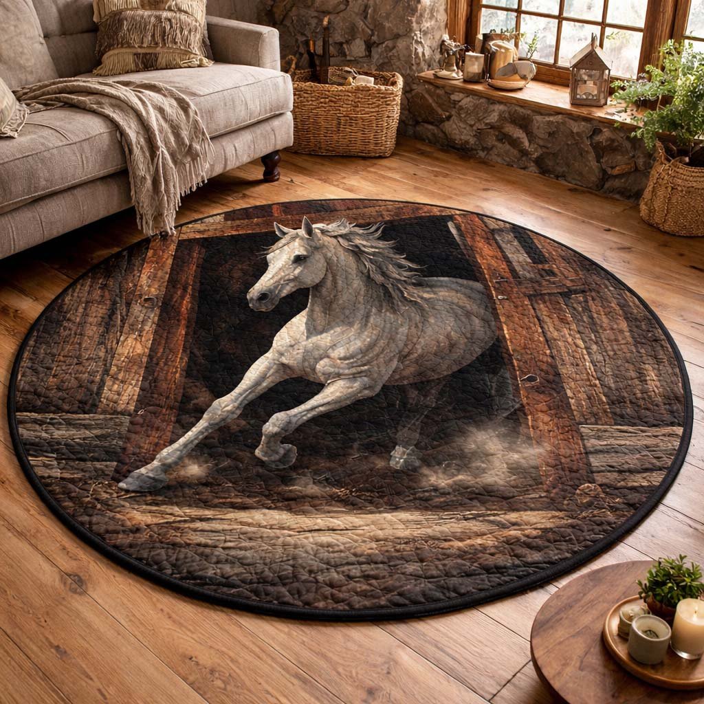 White Stallion Dash Round Mat Rug - washable non-slip printed rug