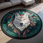White Wolf Round Mat Rug - washable non-slip printed rug