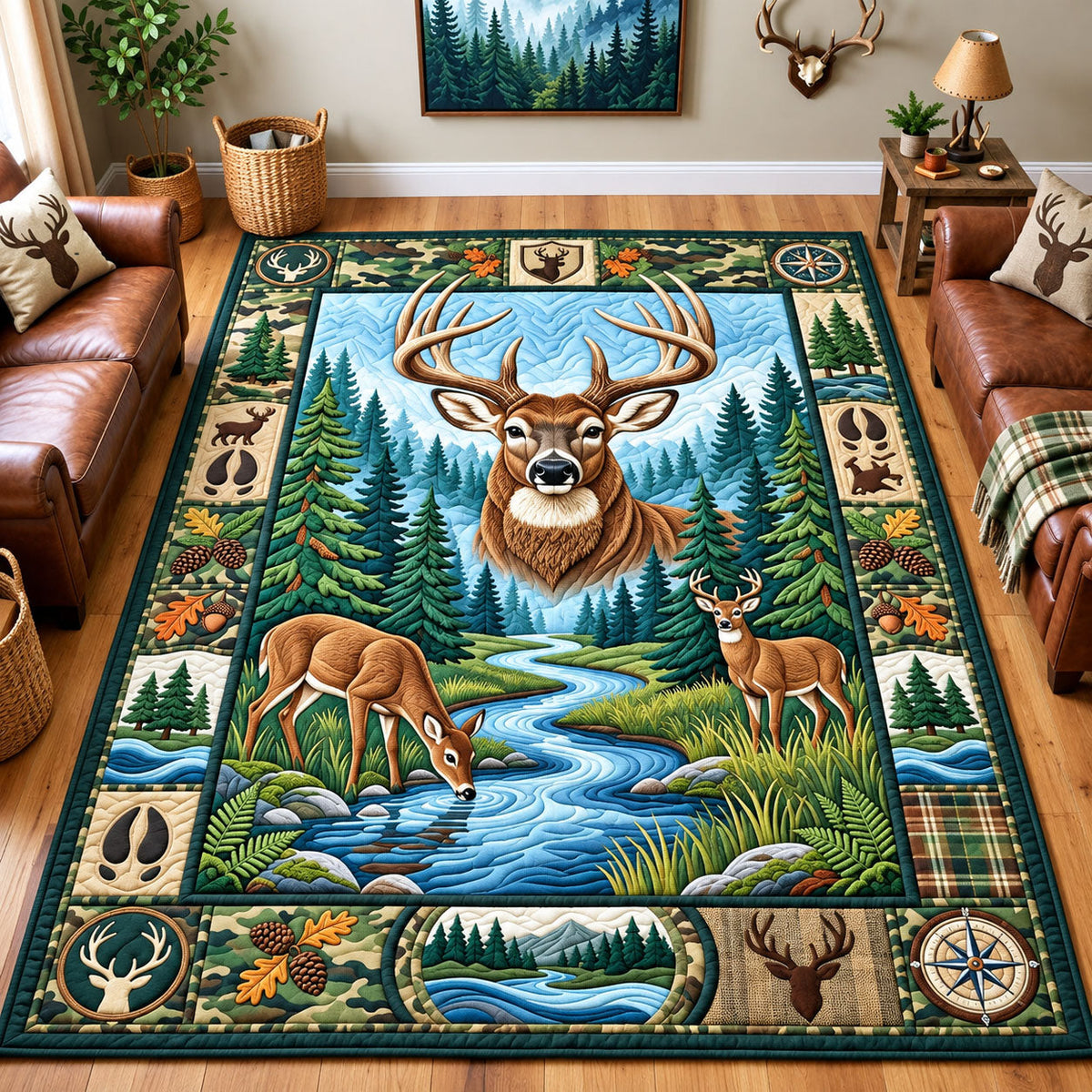 Whitetail Deer area rug in a living room