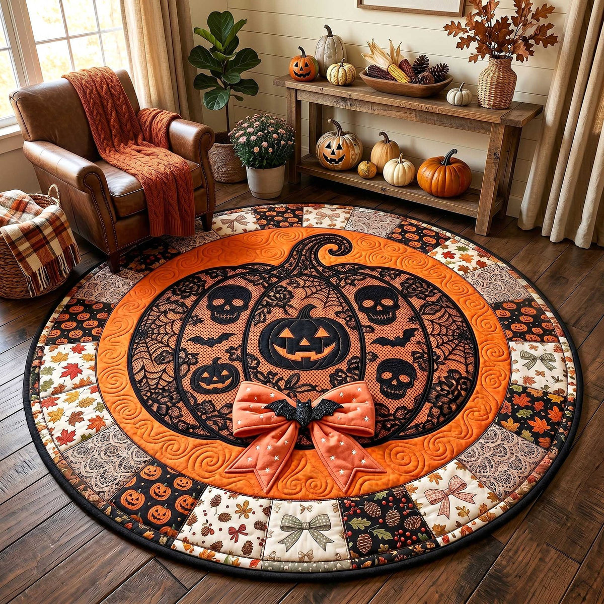 Wicked Pumpkin Halloween Round Mat Rug - washable non-slip printed rug