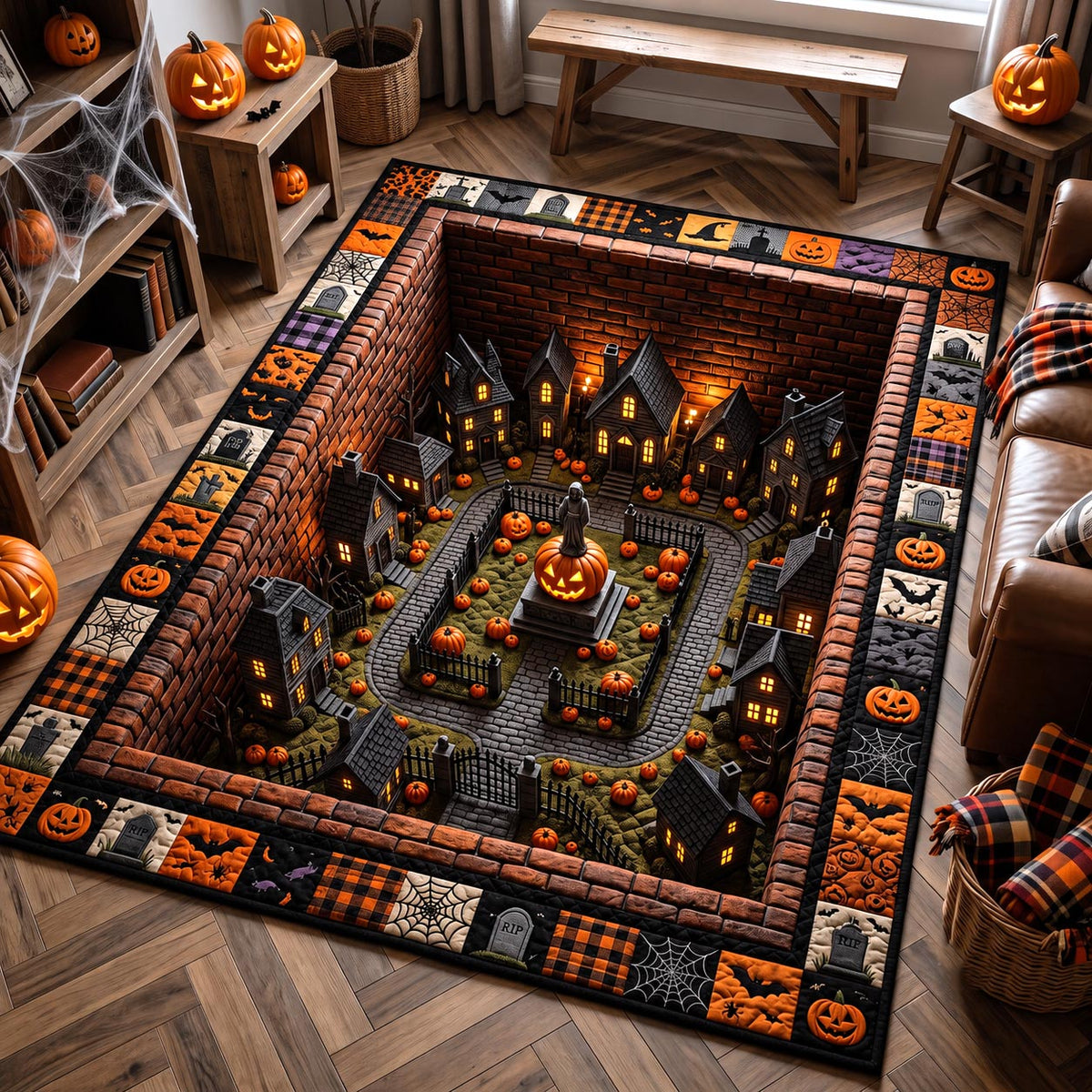 Wicked Village area rug in a living room