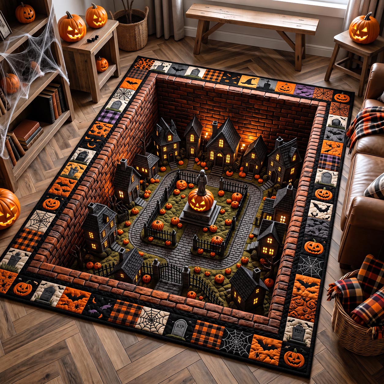 Wicked Village area rug in a living room