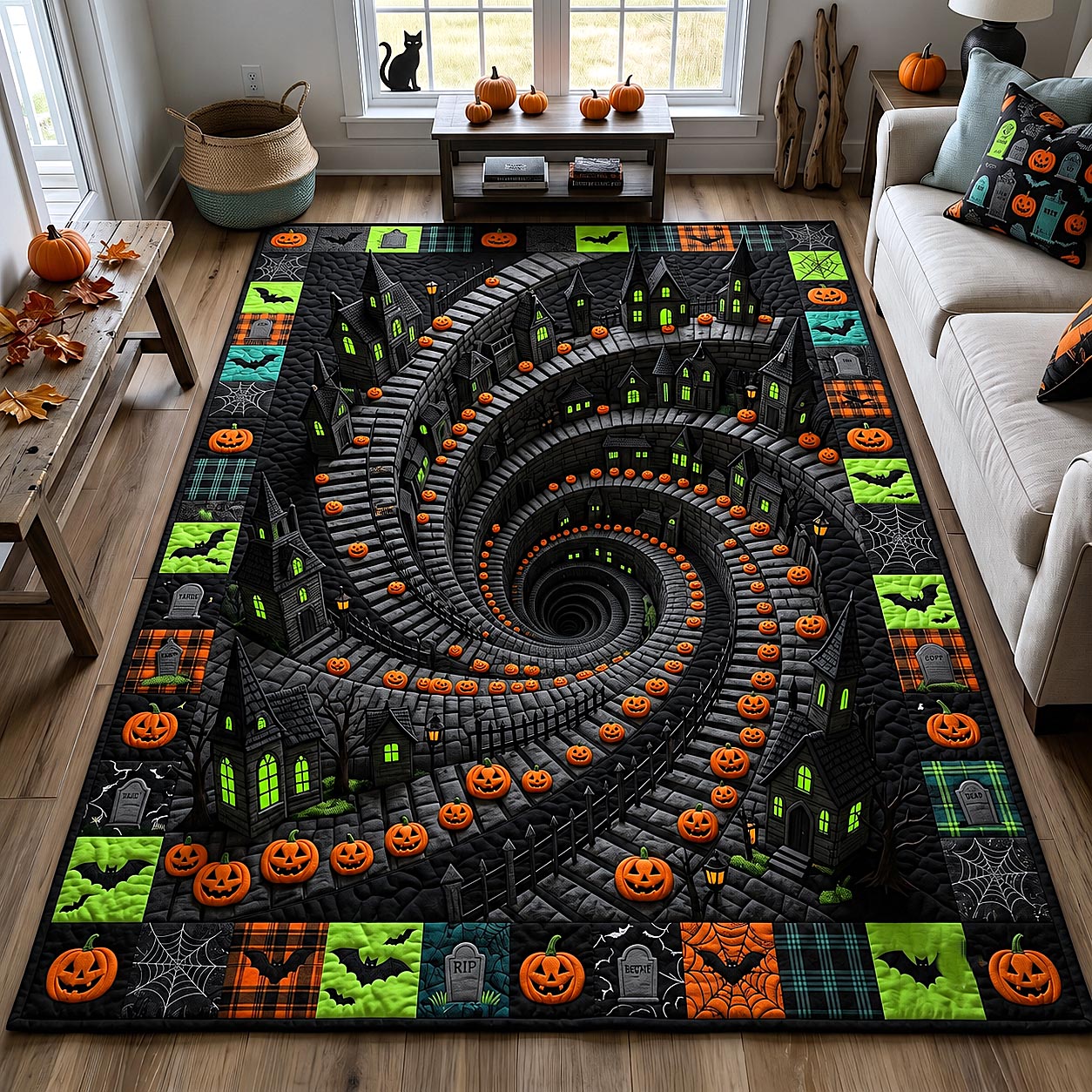Wicked Village area rug in a living room