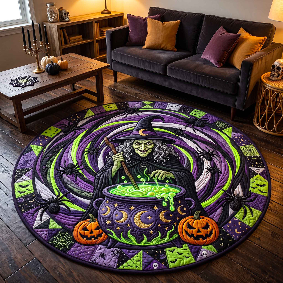 Wicked Witch Round Mat Rug - Seasonal Design | Seasonal Round Living Room Rug - washable non-slip printed rug