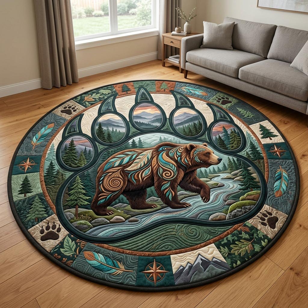 Wild Bear Round Mat Rug - washable non-slip printed rug