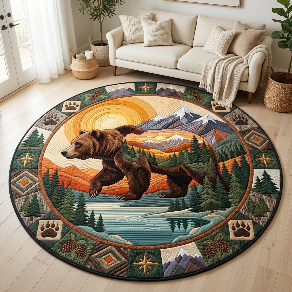 Wild Bear Sunset Mountain Round Mat Rug - Cute Pet Design | Animal Printed Home Decor
