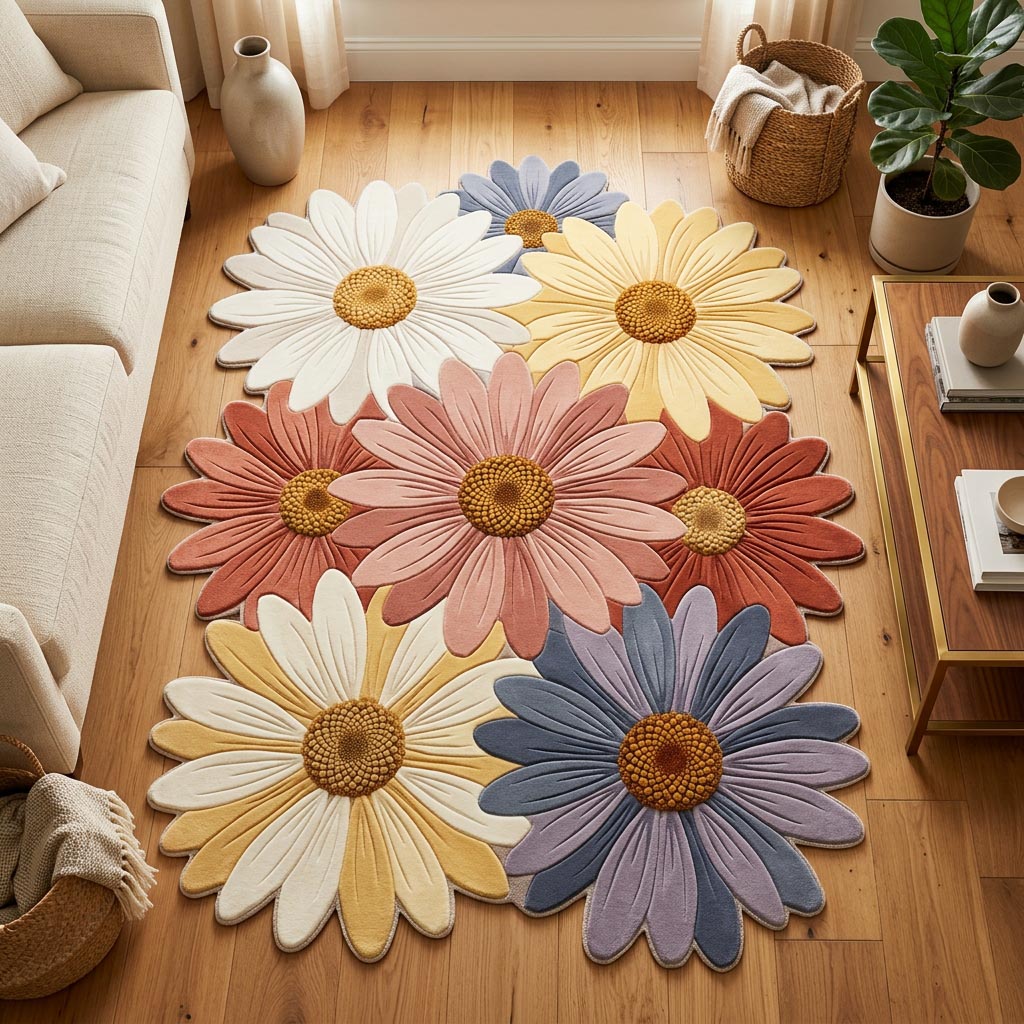Wild Daisy Custom Shape Area Rug - Nature Design | Die-Cut Non-Slip Rug - washable non-slip printed rug
