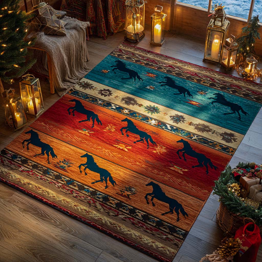 Wild Horses Sundown area rug in a living room