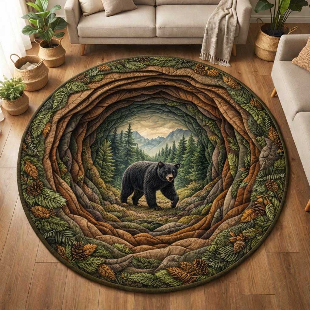 Wilderness Bear Round Mat Rug - washable non-slip printed rug