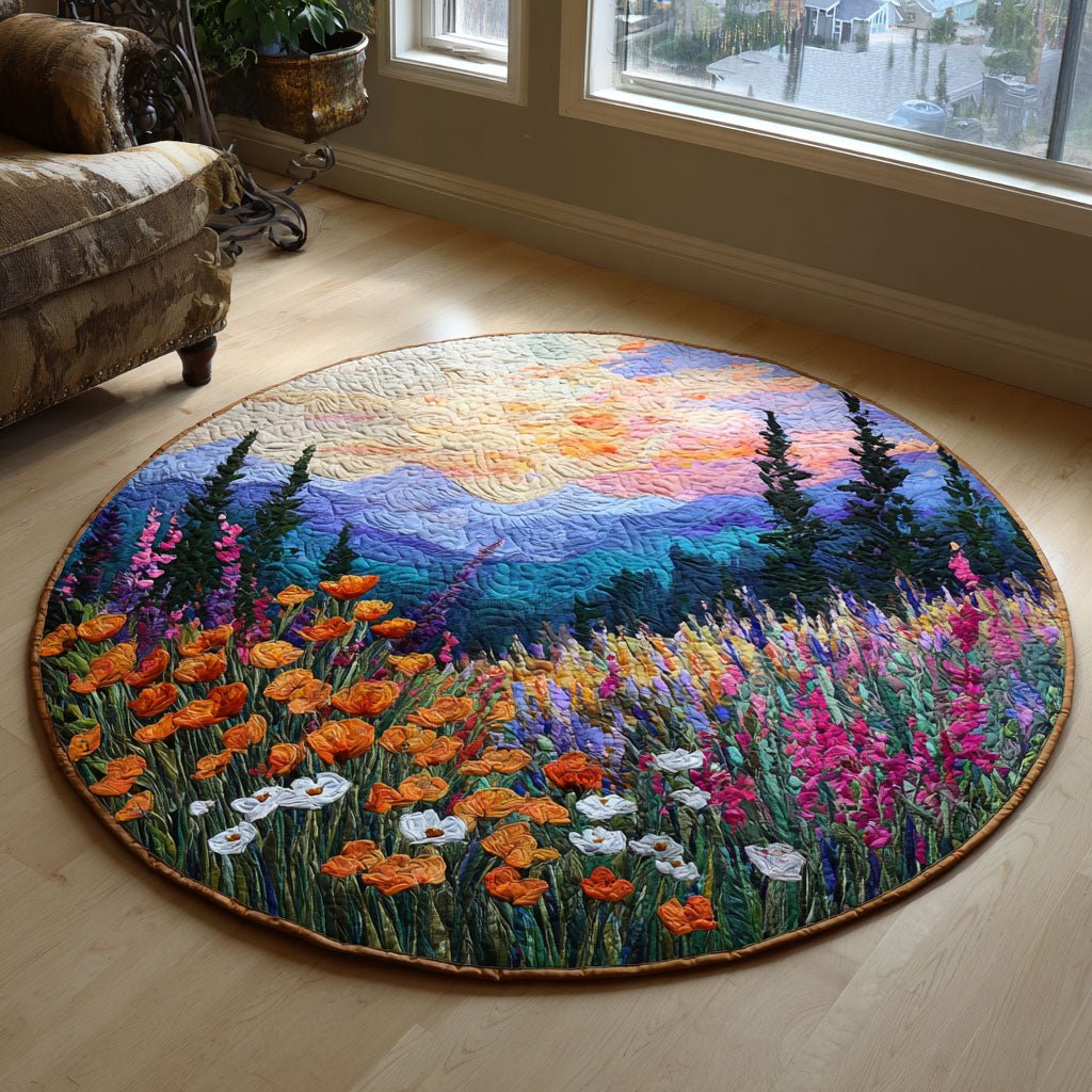 Wildflower Dawn Round Mat Rug - washable non-slip printed rug