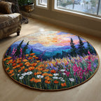 Wildflower Dawn Round Mat Rug - washable non-slip printed rug