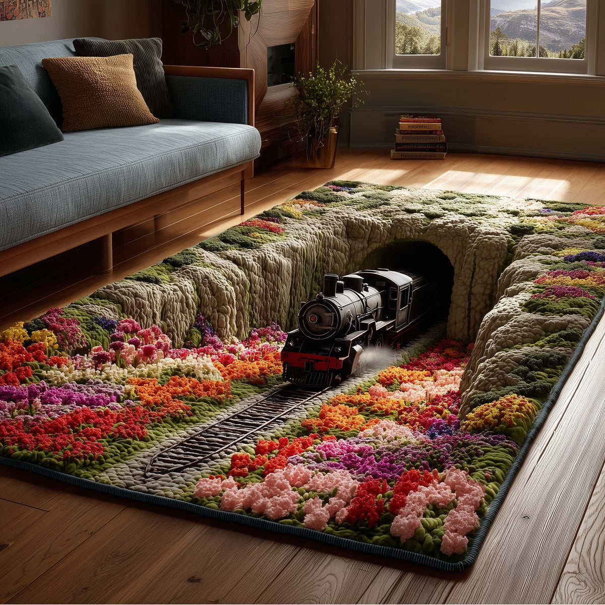 Wildflower Ridge Railway area rug in a living room