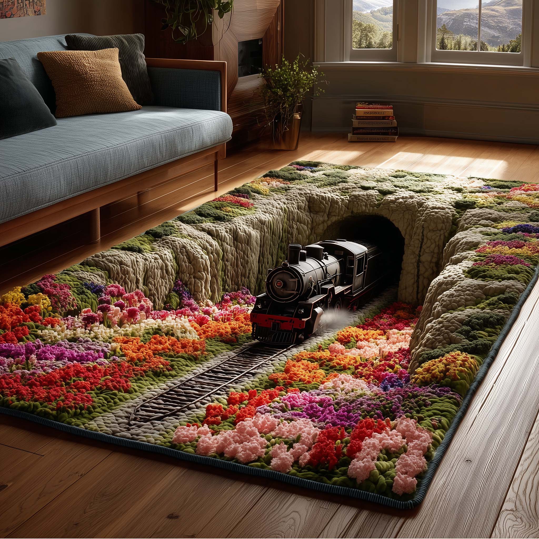 Wildflower Ridge Railway area rug in a living room