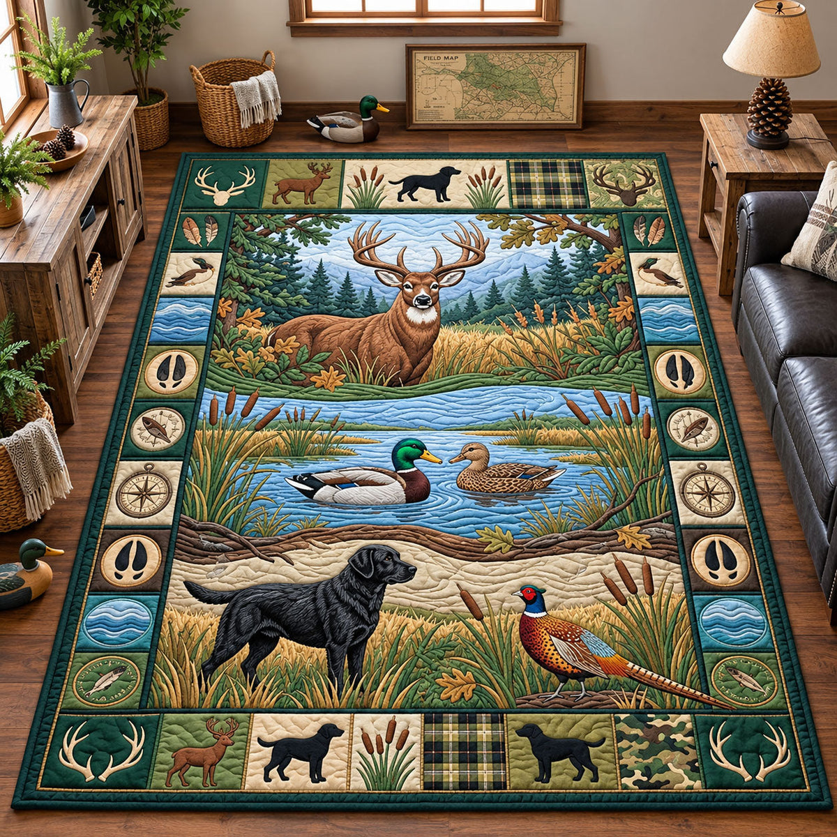 Wildlife Hunting area rug in a living room