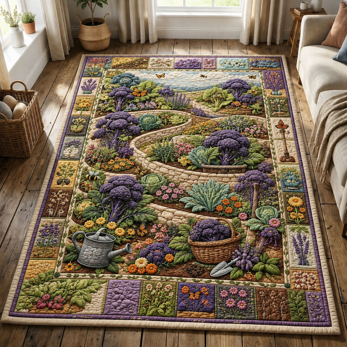 Winding Lavender Kitchen Garden area rug in a living room