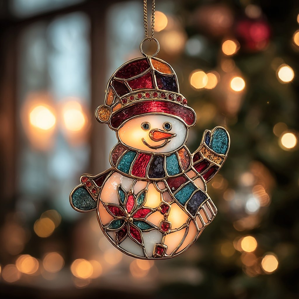 Stained Glass Red Hat Snowman Christmas Ornament