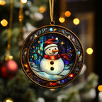 Stained Glass Snowman Circle Christmas Ornament