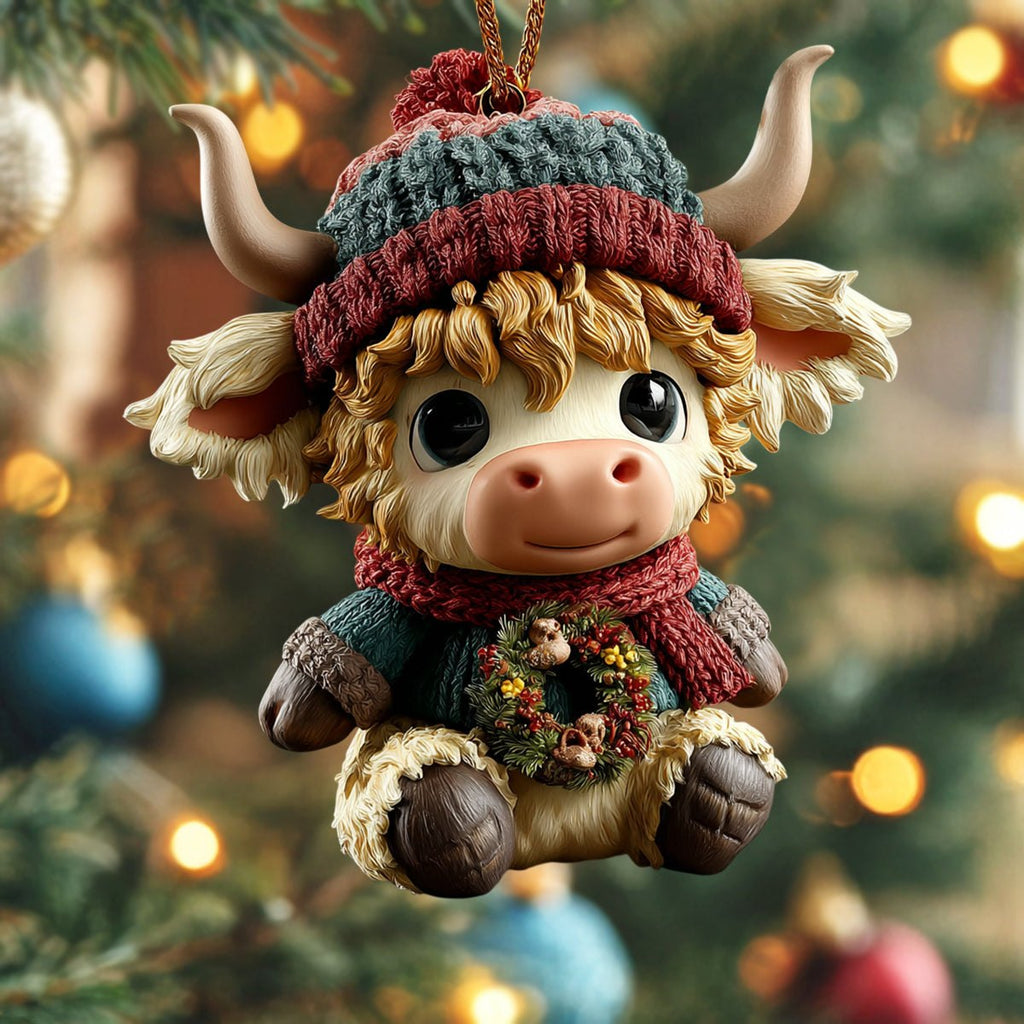Beanie Highland Calf Wreath Christmas Ornament