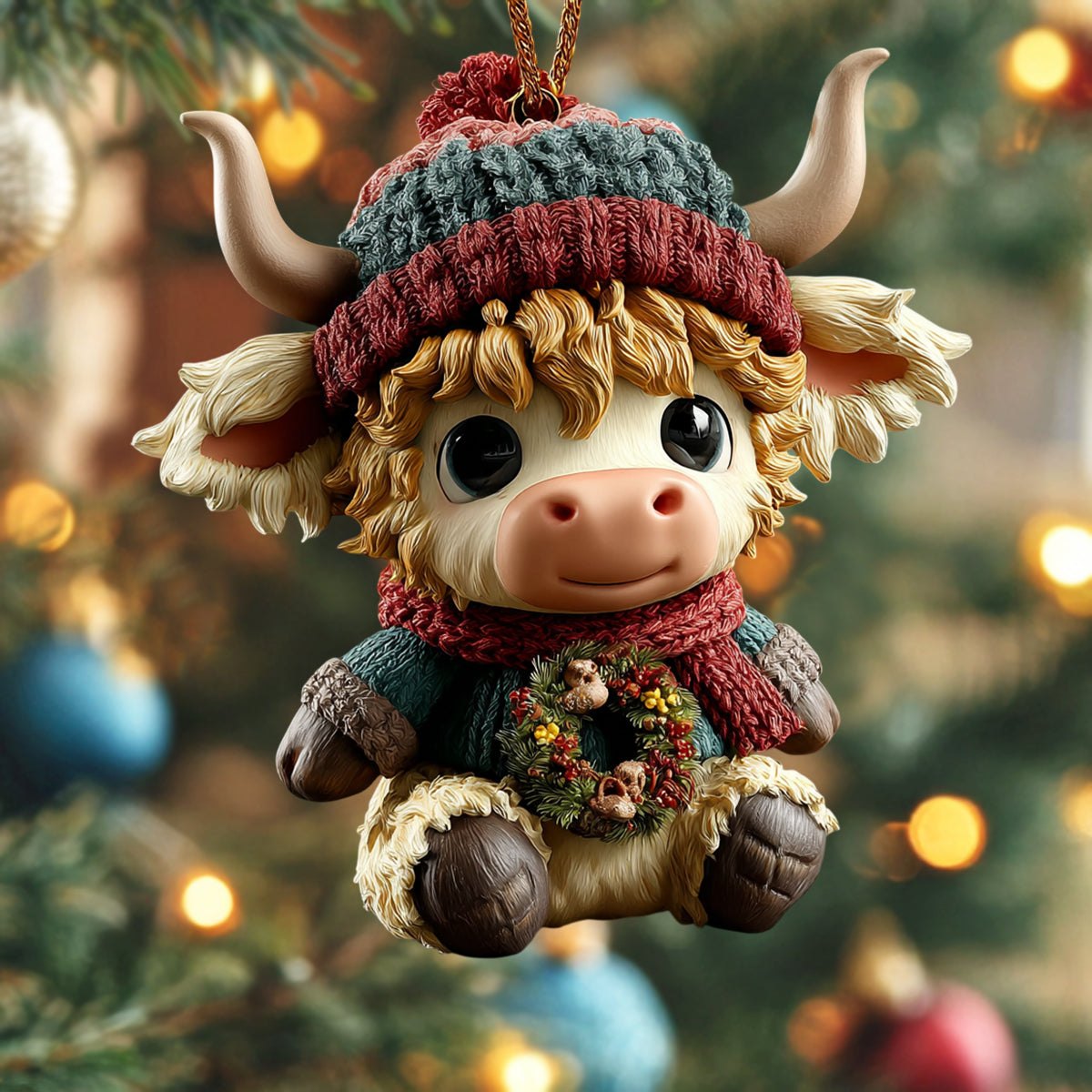 Beanie Highland Calf Wreath Christmas Ornament