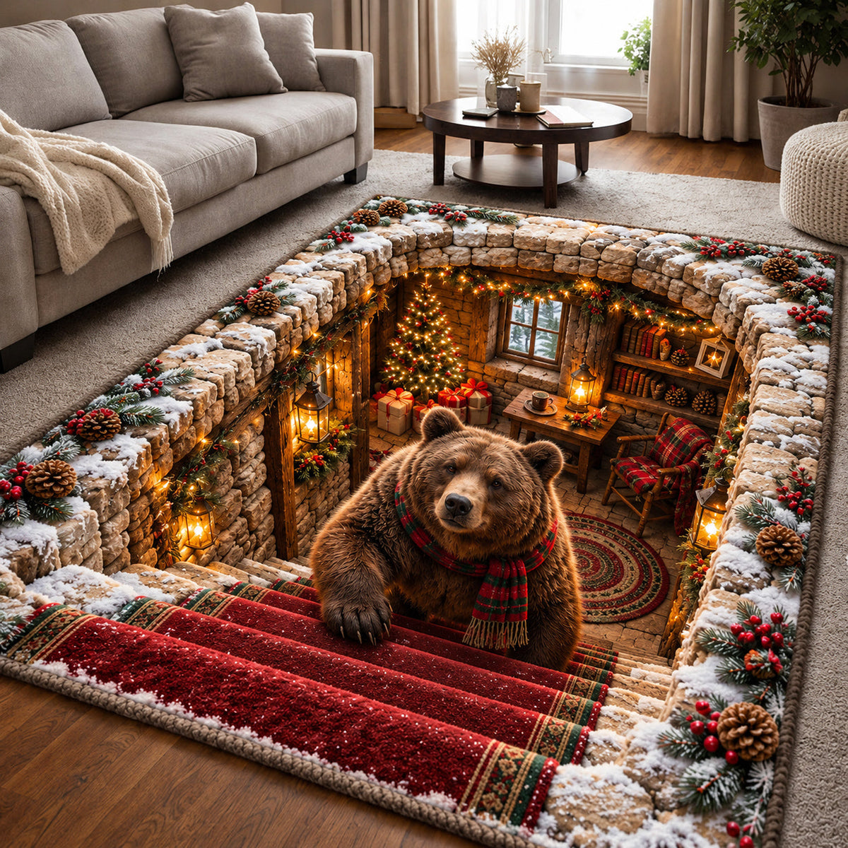 Winter Bear area rug in a living room